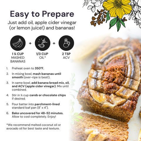 Banana bread recipe card with ingredients and preparation steps, featuring a slice of banana bread.