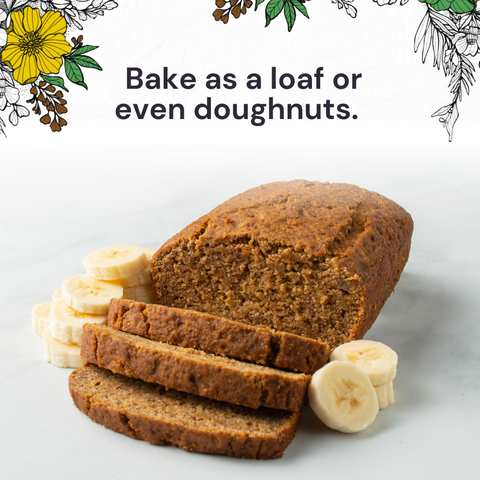 Loaf of banana bread with slices and bananas on a light background, accompanied by text.