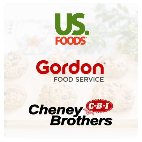 Logos of US Foods, Gordon Food Service, and Cheney Brothers on a textured background
