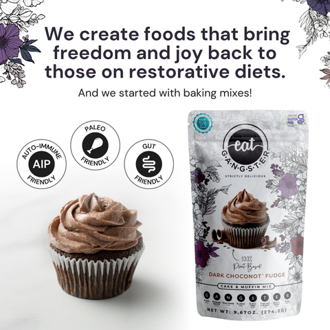 Chocolate frosted cupcake and baking mix package with branding and dietary information on a white background.