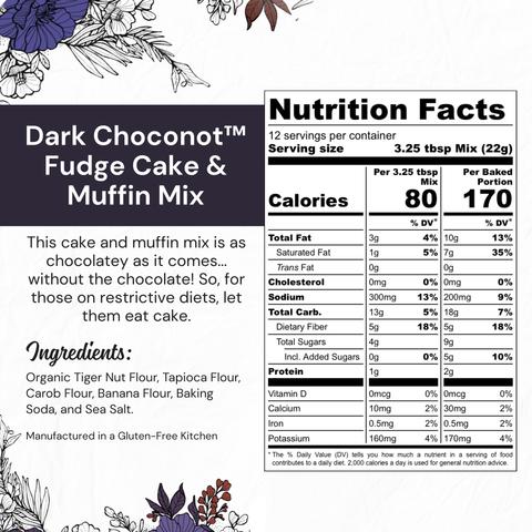 Nutrition facts label for Dark Choconut Fudge Cake & Muffin Mix with decorative elements.