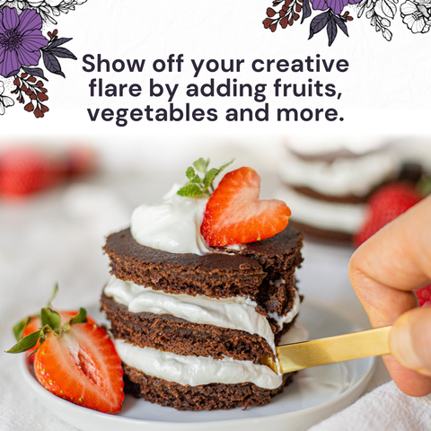 Chocolate cake with strawberries on a plate, with text encouraging creativity.