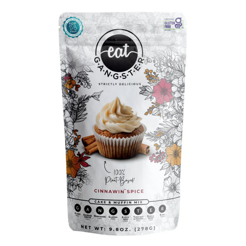 Packaging of Gangster Cinnamon Spice cake and muffin mix with a cupcake illustration on a white background.
