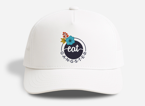White cap with 'eat gangster' logo featuring flowers on a white background