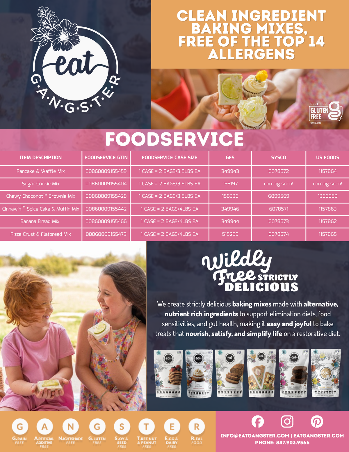 EAT G.A.N.G.S.T.E.R Foodservice sell sheet with products, GTINs, case sizes and GFS, Sysco and US Foods codes