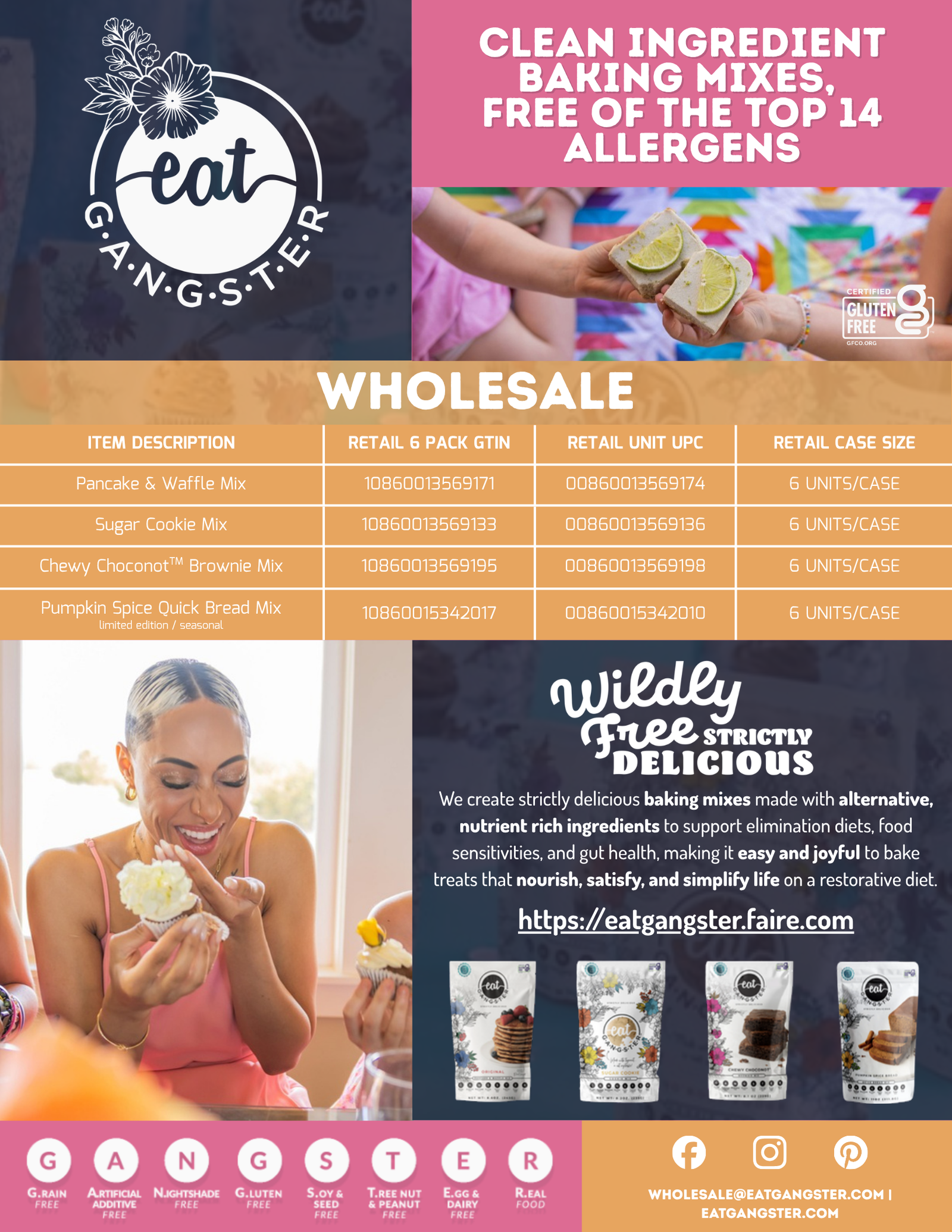 EAT G.A.N.G.S.T.E.R Retail sell sheet with 6-pack cases, GTINs, unit UPCs and case sizes